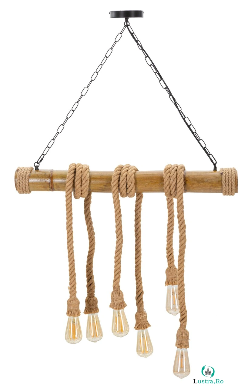 Lustra Rope, Mauro Ferretti, 80 x 15 x 120 cm, 6 x E27, 20W, bambus/sfoara, maro la 407.00 lei ron