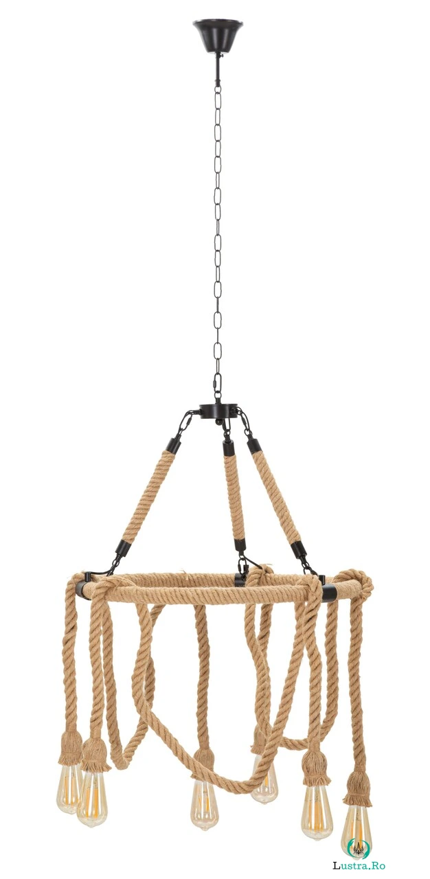 Lustra Rope Circle, Mauro Ferretti, Ø64 x 90 cm, 6 x E27, 20W, fier/sfoara, maro/negru la 523.00 lei ron